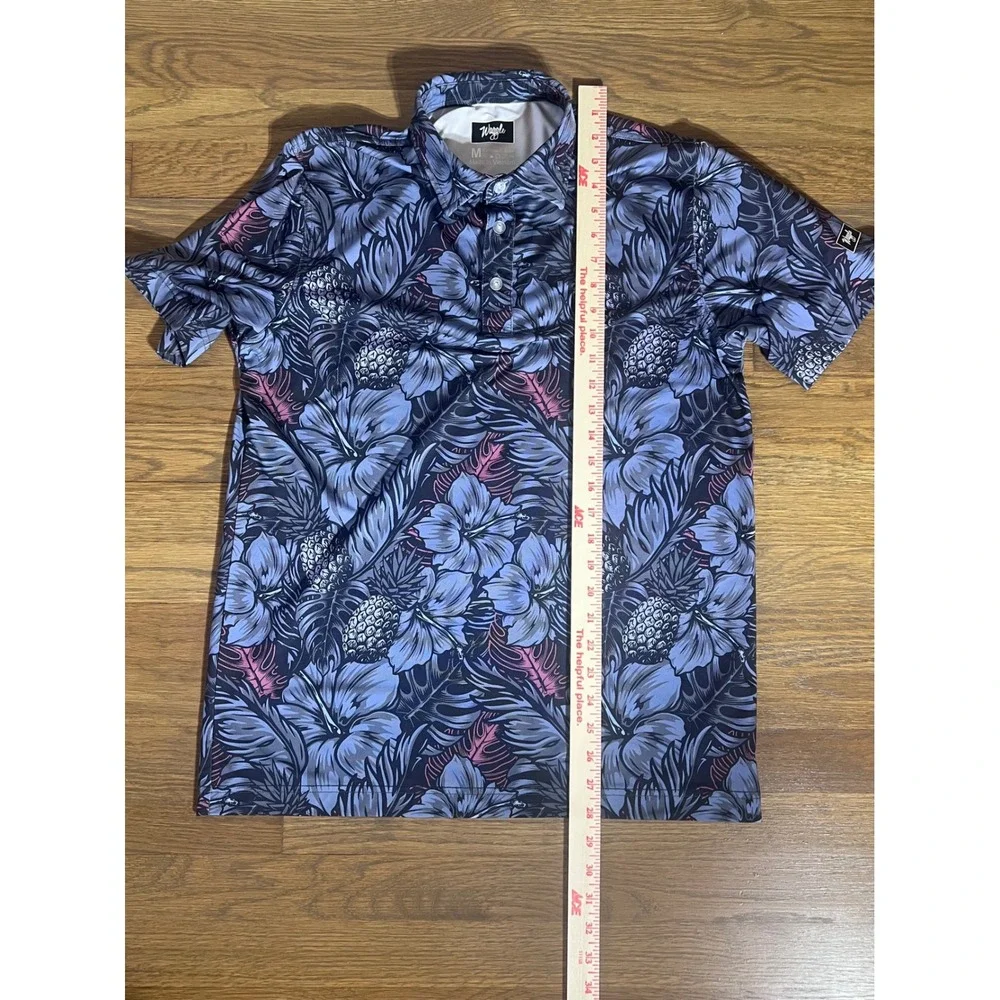 Waggle Golf Polo Shirt Mens Medium Blue Pink Tropical Floral Pineapple Hibiscus - Picture 5 of 5